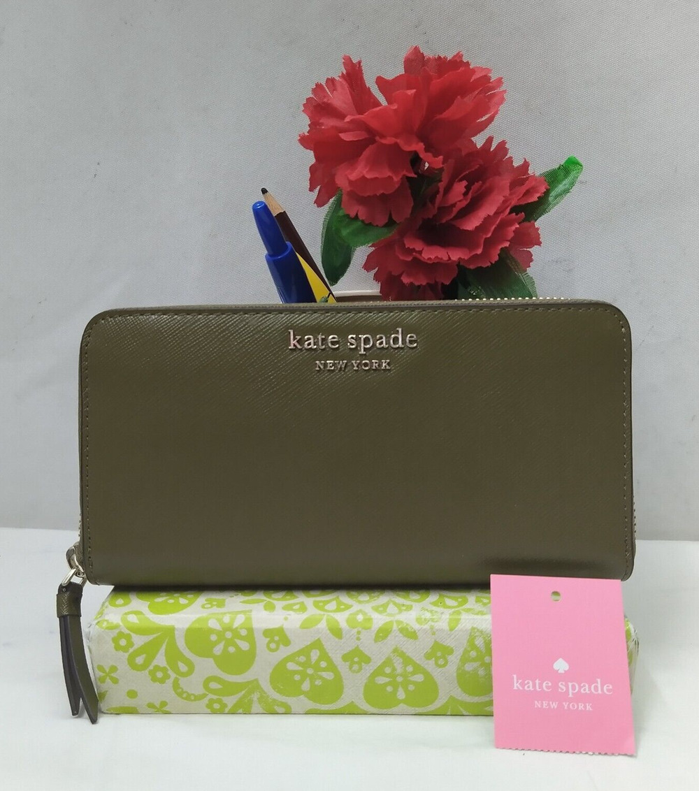 Kate Spade New York Moss Green Leather Zip Around Credit Card Wallet - NWT